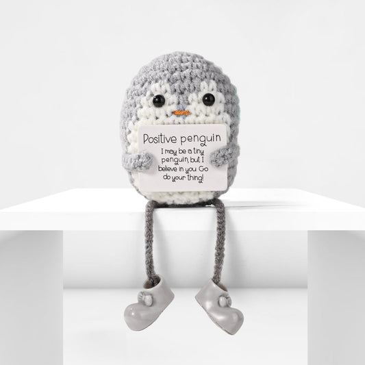 TOYMIS Positive Pinguinpuppe, Lustig Gestricktes Pinguinspielzeug mit Langen Beinen und Ermutigungskarte Emotional Gehäkeltes Pinguinspielzeug