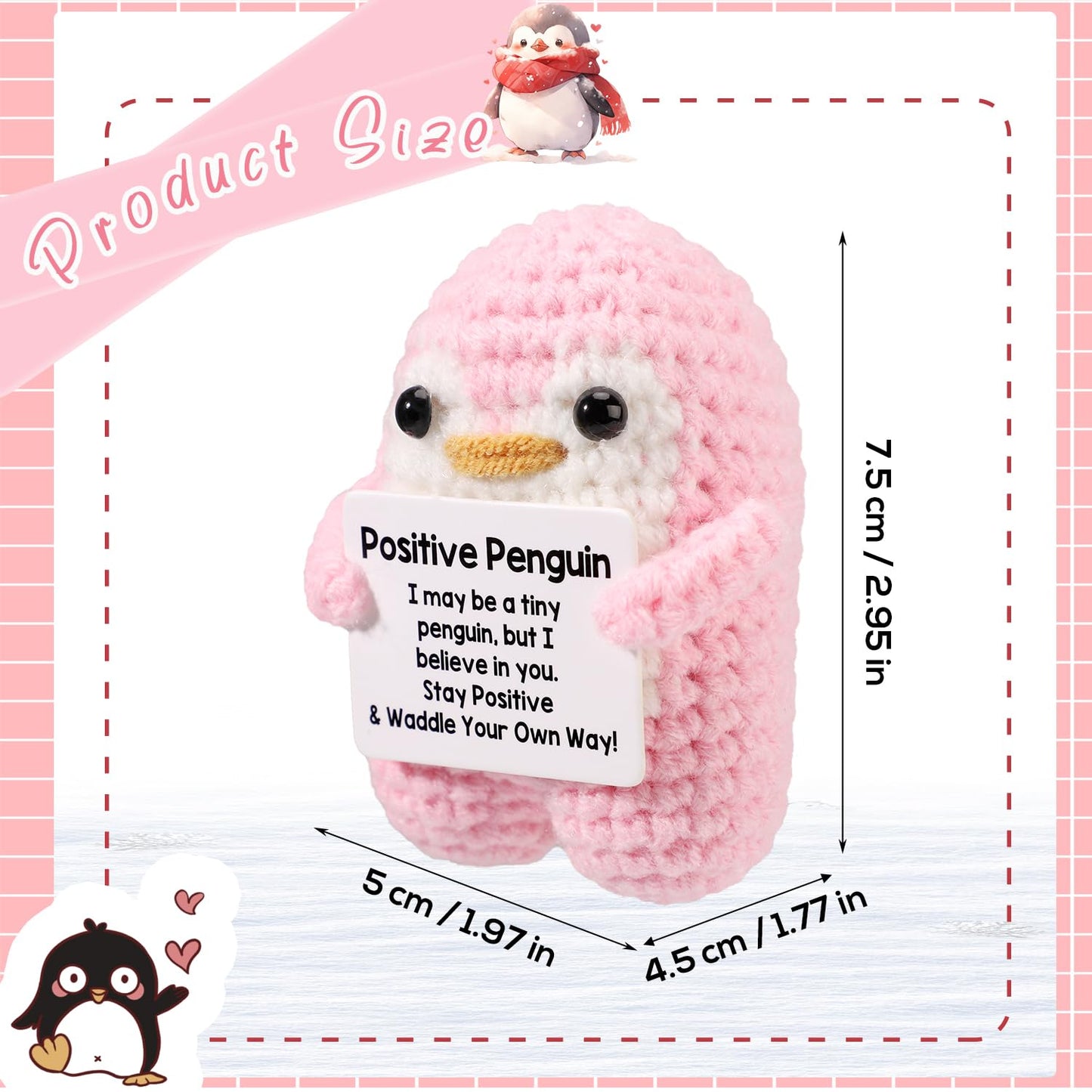 TOYMIS Lustiger Positiver Pinguin, 7,5cm Stehend Gehäkelter Pinguin mit Bestätigungskarte Emotionales Pinguin