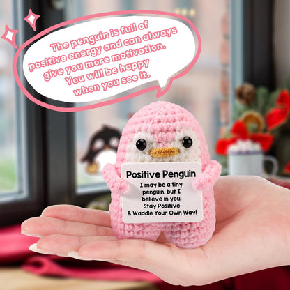TOYMIS Lustiger Positiver Pinguin, 7,5cm Stehend Gehäkelter Pinguin mit Bestätigungskarte Emotionales Pinguin