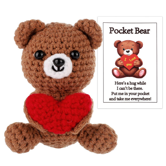 TOYMIS Positiver Bär, Taschen-Umarmungsbär mit Liebesherz Bären-Häkelpuppe Valentinstagsbär Gestricktes Bärenspielzeug