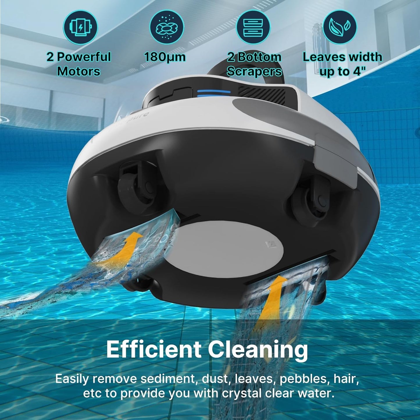 POOLPURE Poolsauger, 5000 mAh Akku, Double Motor, LED Indicators, self-Parking Function, IPX8 Waterproof, kabelloser Poolroboter für 90 m²