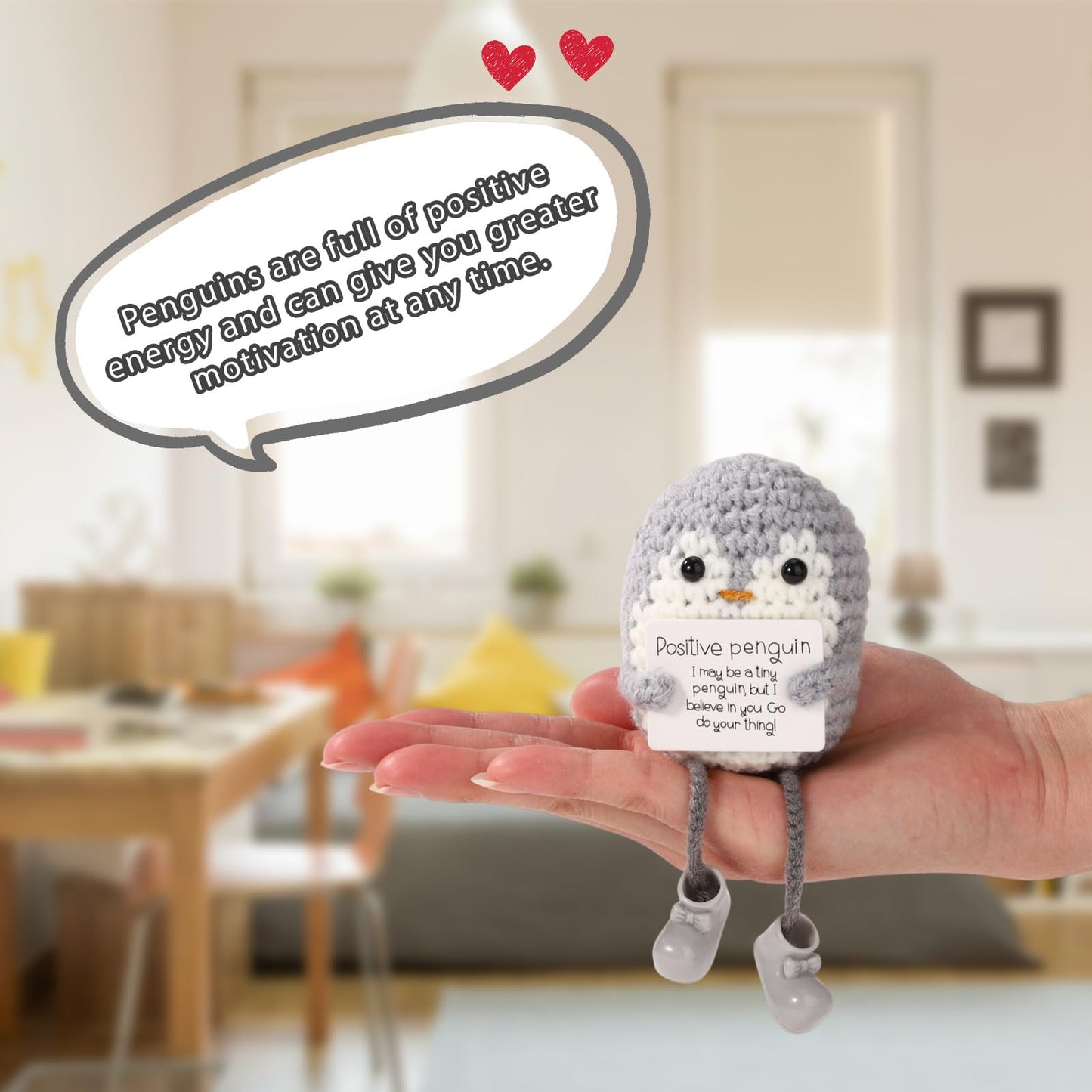 TOYMIS Positive Pinguinpuppe, Lustig Gestricktes Pinguinspielzeug mit Langen Beinen und Ermutigungskarte Emotional Gehäkeltes Pinguinspielzeug