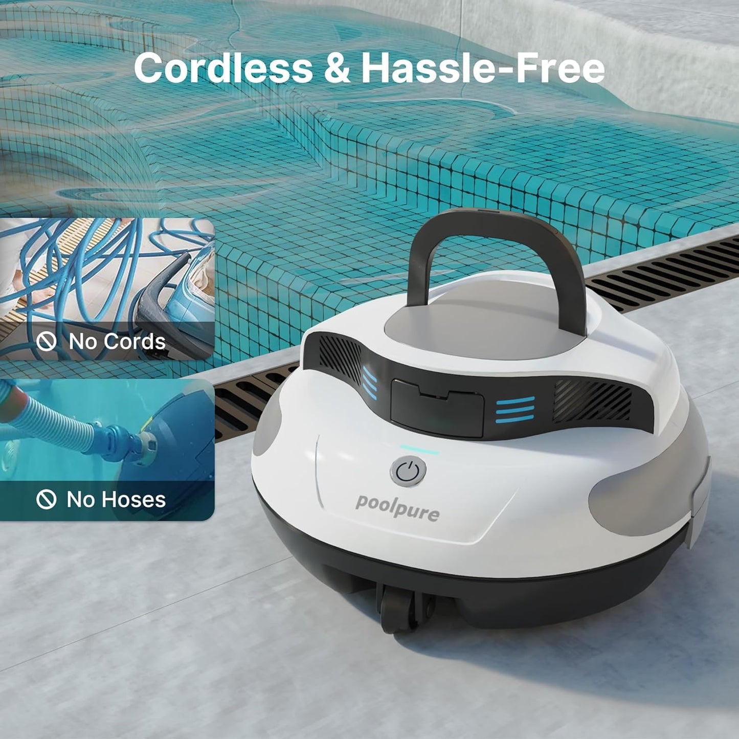 POOLPURE Poolroboter, 5000mah-Akku, 120min Leistungsstarke Reinigung, Kabelloser Poolsauger Akku, Automatisches Parken, LED-Anzeigen IPX8 Wasserdicht