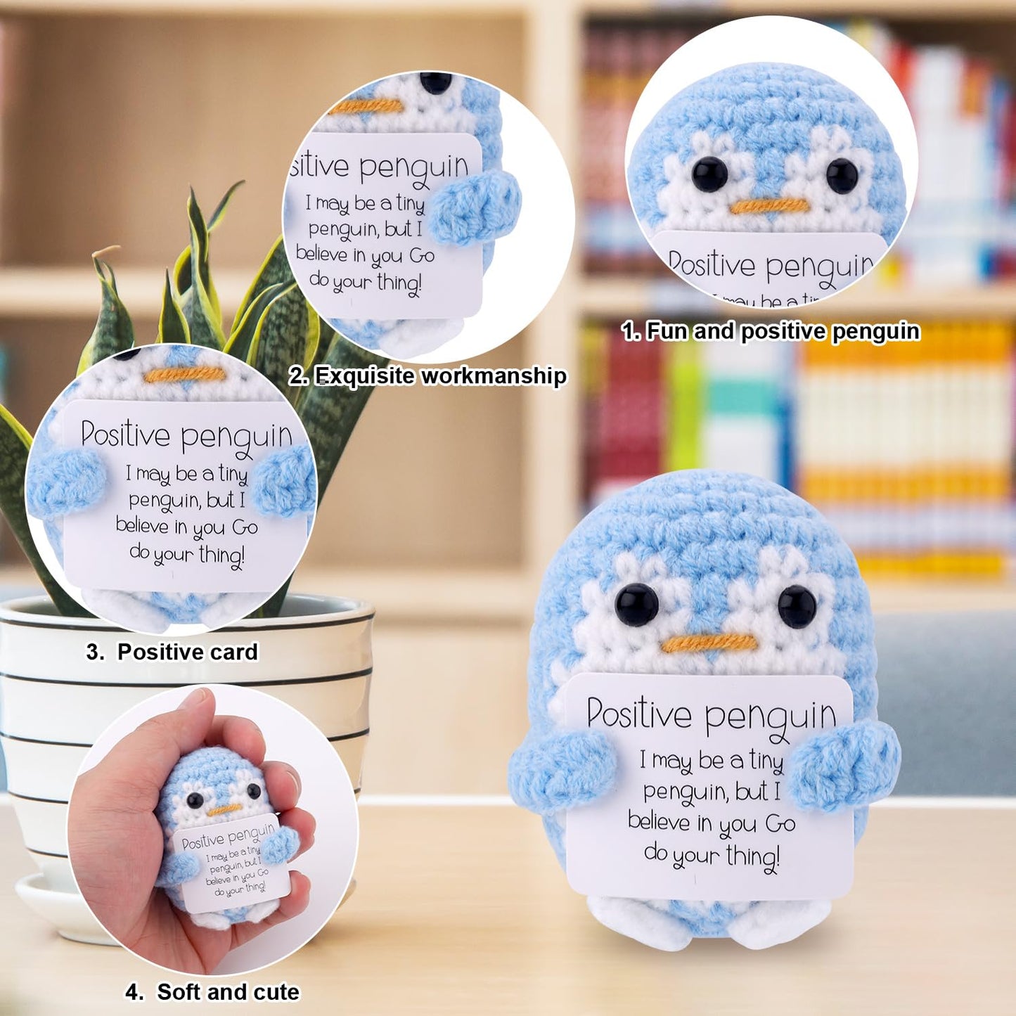 TOYMIS Positiver Gehäkelter Pinguin, Lustige Pinguinpuppe mit Positiver Karte Gestrickter Pinguin Unterstützendes Häkelspielzeug Geschenke