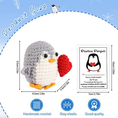 TOYMIS 2 Stück Positiver Herz Pinguin mit Karten, Gehäkelte Tierwollepuppe Gestrickter Positiver Pinguin mit Herz