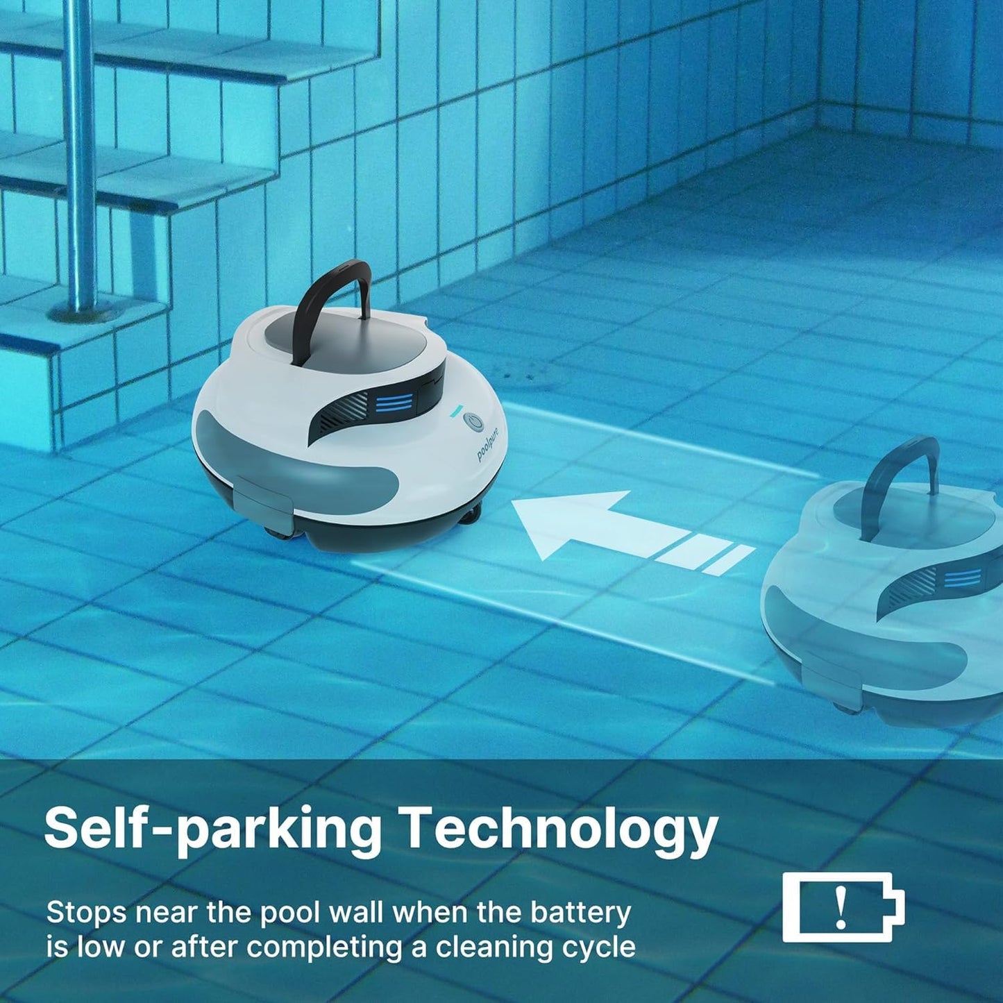 POOLPURE Poolsauger, 5000 mAh Akku, Double Motor, LED Indicators, self-Parking Function, IPX8 Waterproof, kabelloser Poolroboter für 90 m²