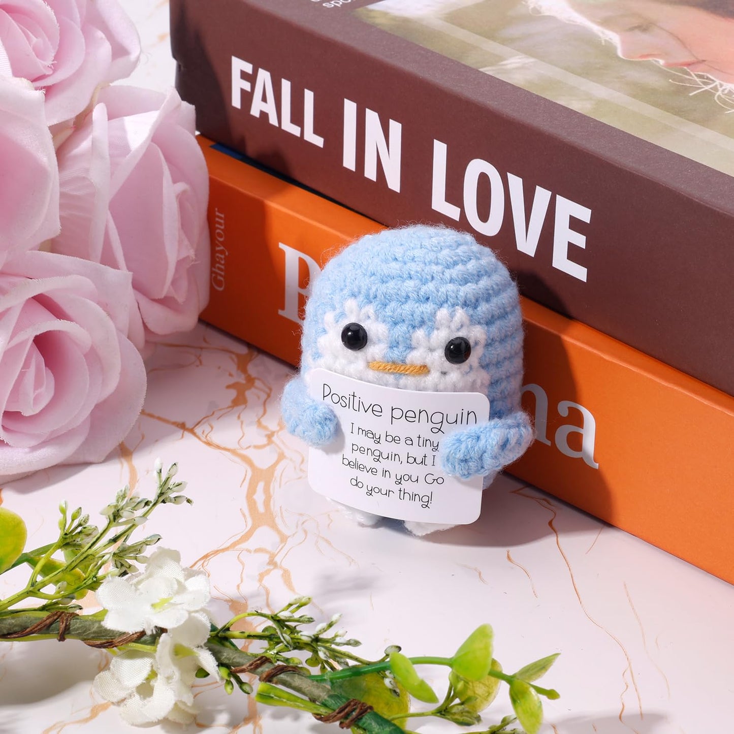 TOYMIS Positiver Gehäkelter Pinguin, Lustige Pinguinpuppe mit Positiver Karte Gestrickter Pinguin Unterstützendes Häkelspielzeug Geschenke