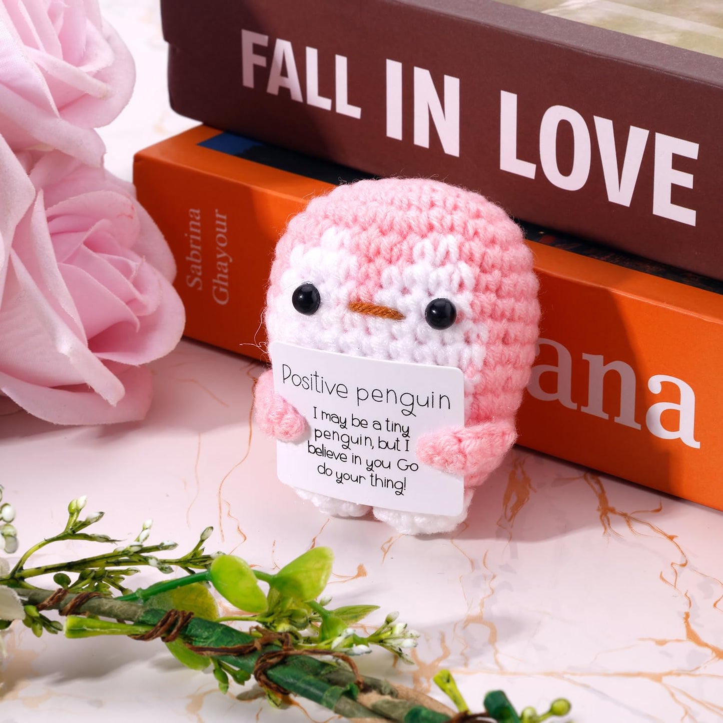 TOYMIS Positiver Gehäkelter Pinguin, Lustige Pinguinpuppe mit Positiver Karte Gestrickter Pinguin Unterstützendes Häkelspielzeug Geschenke