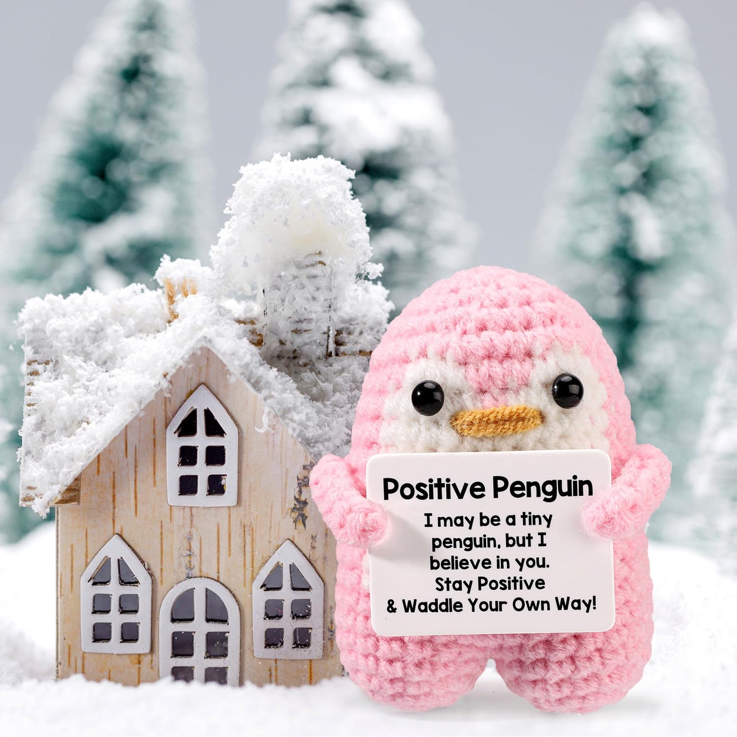 TOYMIS Lustiger Positiver Pinguin, 7,5cm Stehend Gehäkelter Pinguin mit Bestätigungskarte Emotionales Pinguin