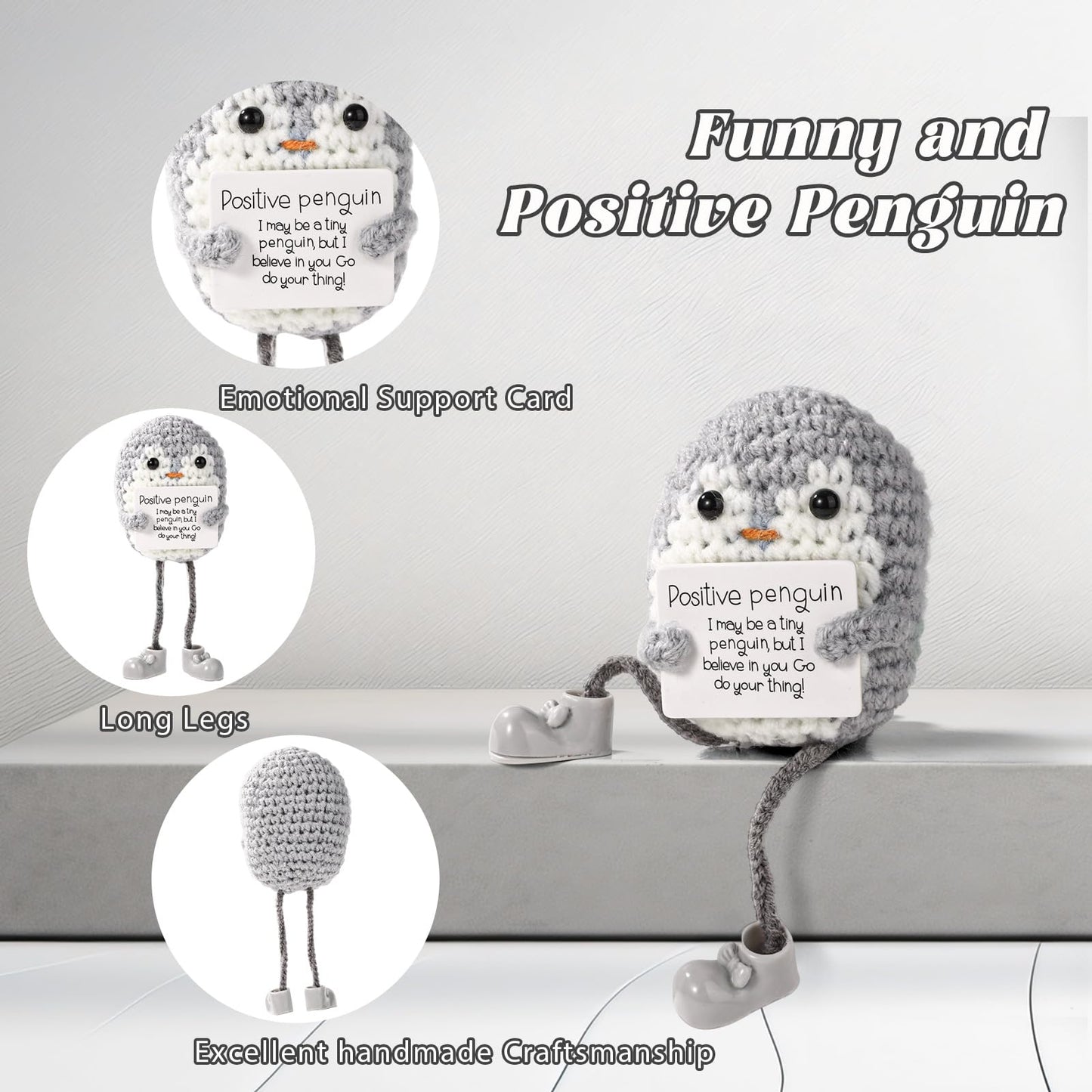 TOYMIS Positive Pinguinpuppe, Lustig Gestricktes Pinguinspielzeug mit Langen Beinen und Ermutigungskarte Emotional Gehäkeltes Pinguinspielzeug