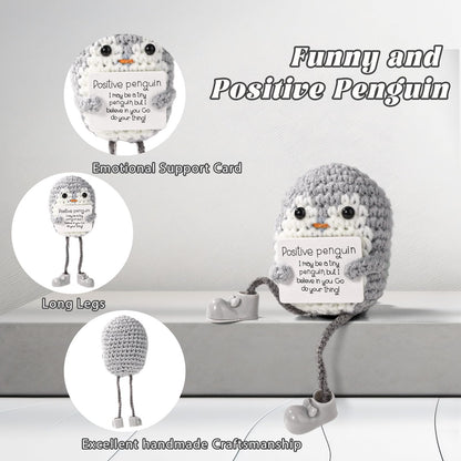 TOYMIS Positive Pinguinpuppe, Lustig Gestricktes Pinguinspielzeug mit Langen Beinen und Ermutigungskarte Emotional Gehäkeltes Pinguinspielzeug