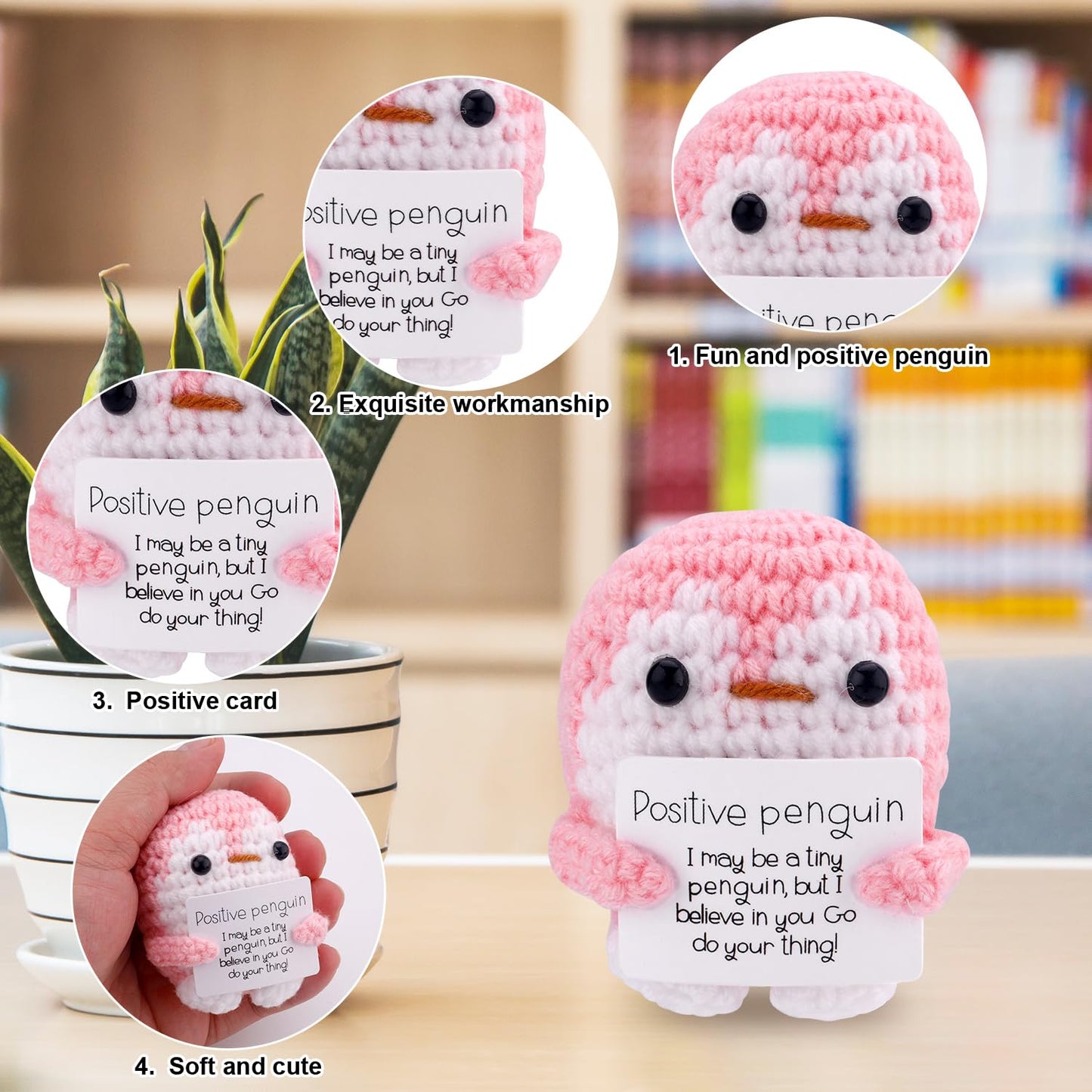 TOYMIS Positiver Gehäkelter Pinguin, Lustige Pinguinpuppe mit Positiver Karte Gestrickter Pinguin Unterstützendes Häkelspielzeug Geschenke