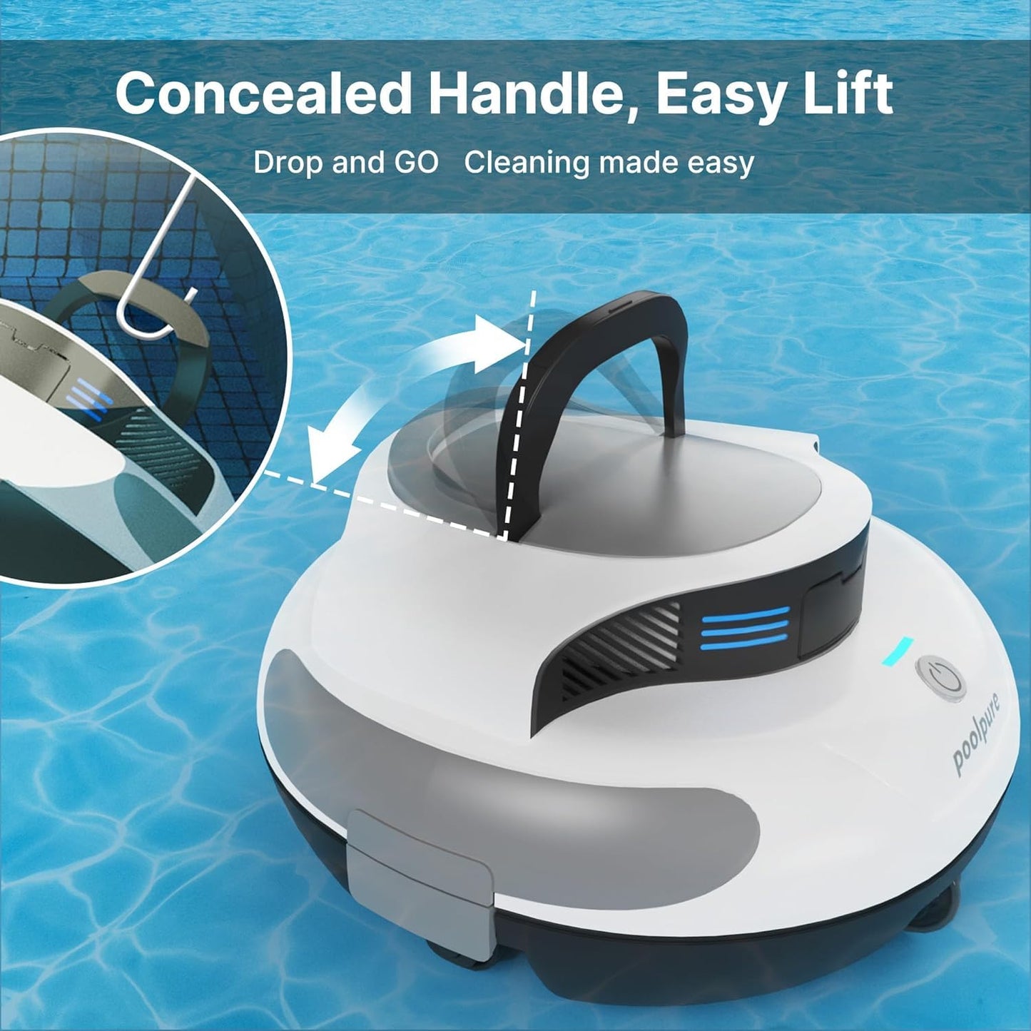 POOLPURE Poolsauger, 5000 mAh Akku, Double Motor, LED Indicators, self-Parking Function, IPX8 Waterproof, kabelloser Poolroboter für 90 m²