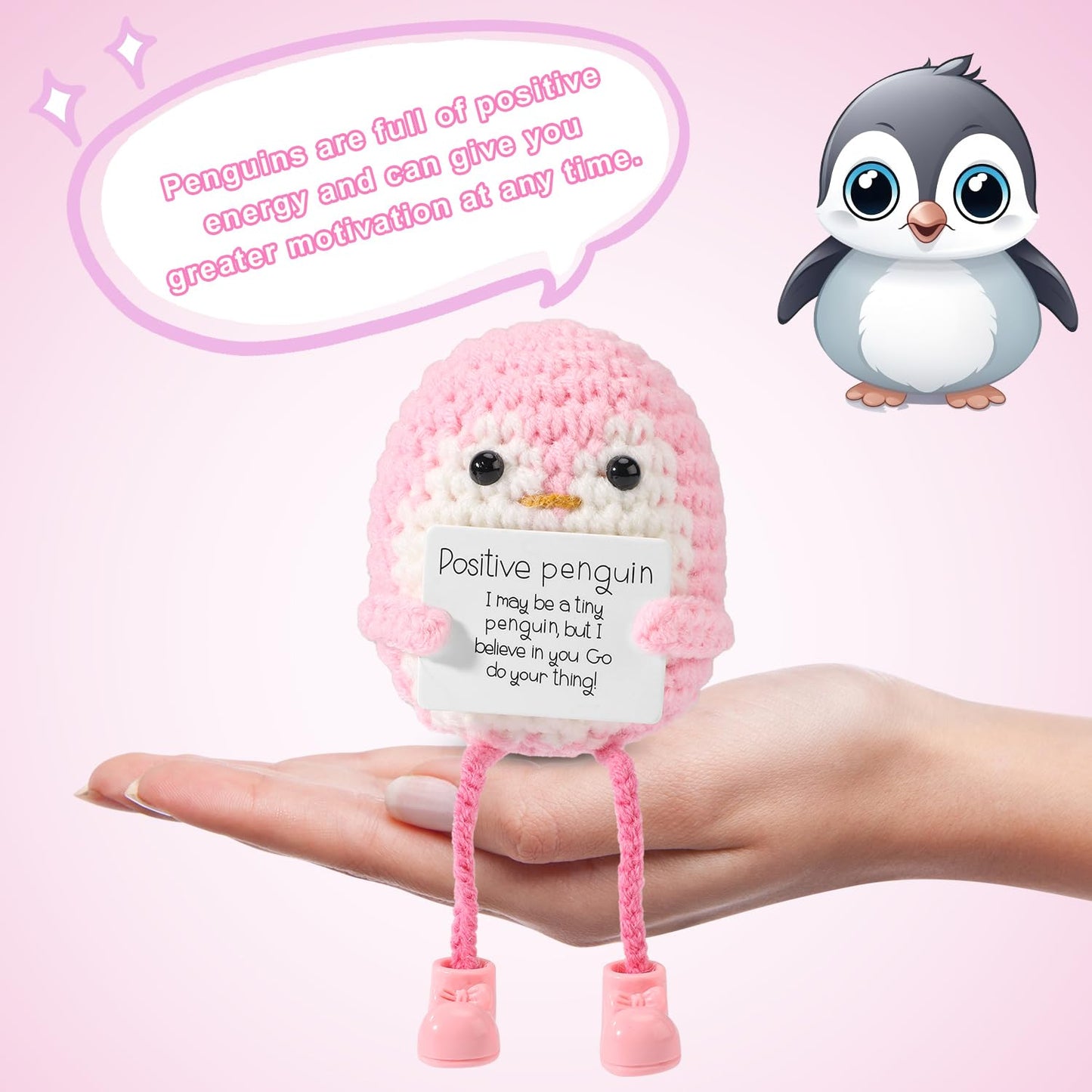 TOYMIS Positiver Pinguin, Gestricktes Pinguinspielzeug mit Langen Beinen und Ermutigungskarte Emotionales Ermutigungspinguin Häkelspielzeug