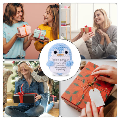 TOYMIS Positiver Gehäkelter Pinguin, Lustige Pinguinpuppe mit Positiver Karte Gestrickter Pinguin Unterstützendes Häkelspielzeug Geschenke