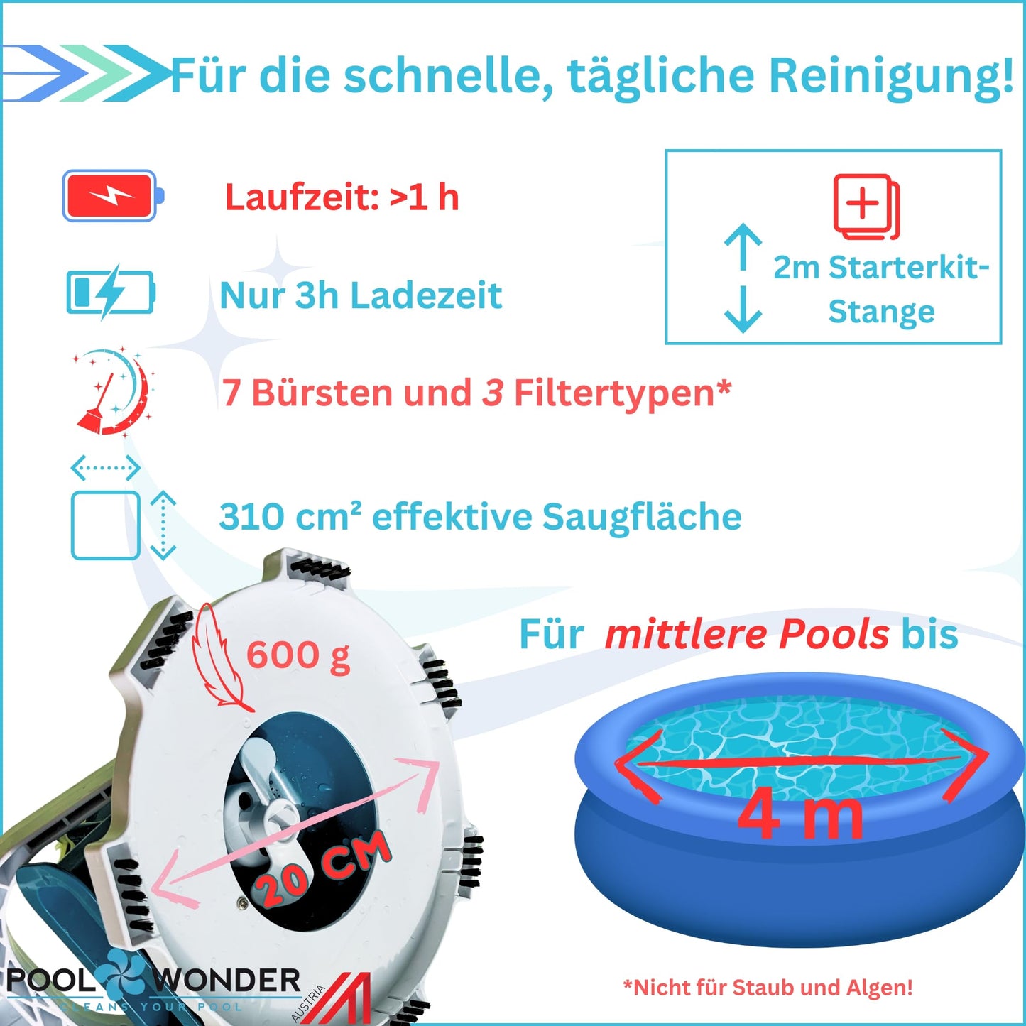 Poolwonder Marvelix Akku Poolsauger | Poolreiniger Made in Austria