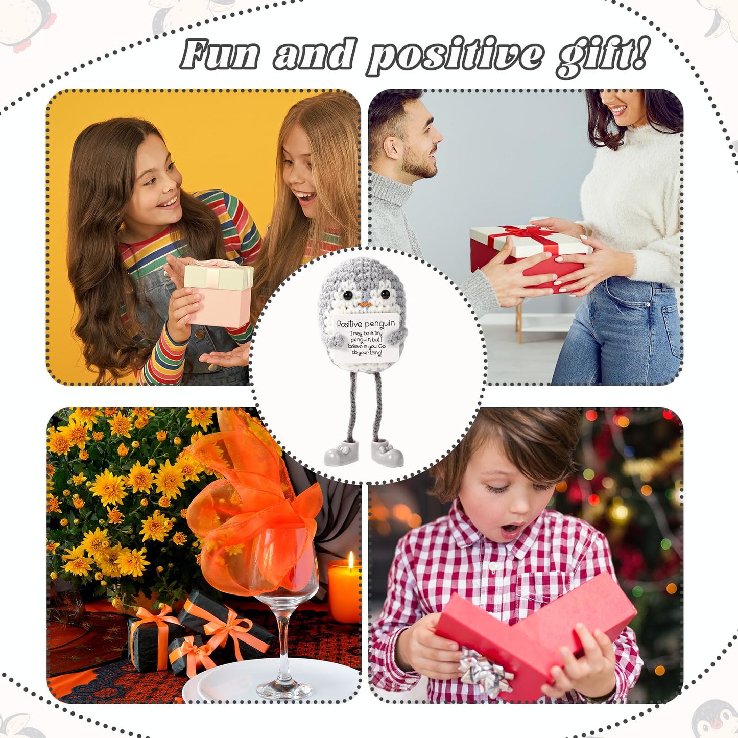 TOYMIS Positive Pinguinpuppe, Lustig Gestricktes Pinguinspielzeug mit Langen Beinen und Ermutigungskarte Emotional Gehäkeltes Pinguinspielzeug