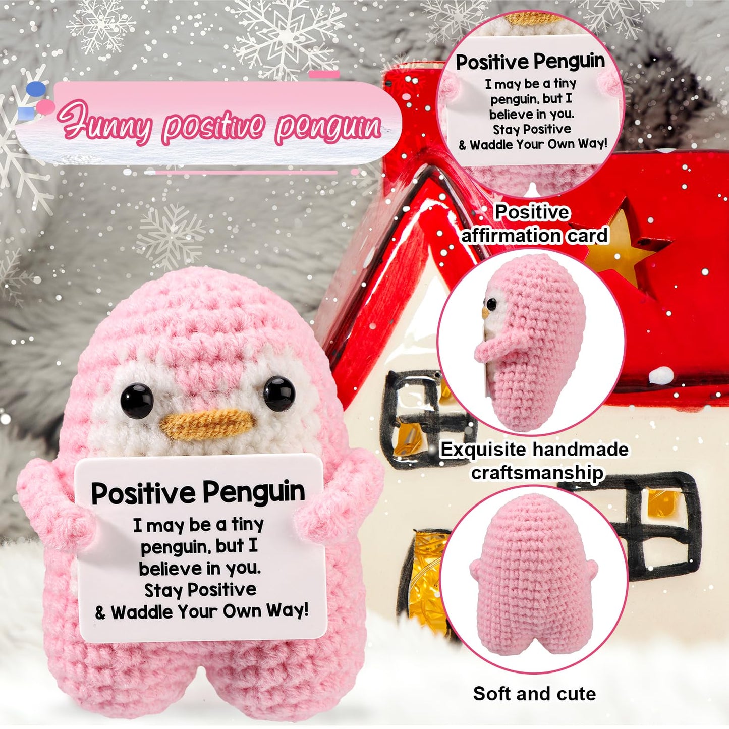 TOYMIS Lustiger Positiver Pinguin, 7,5cm Stehend Gehäkelter Pinguin mit Bestätigungskarte Emotionales Pinguin