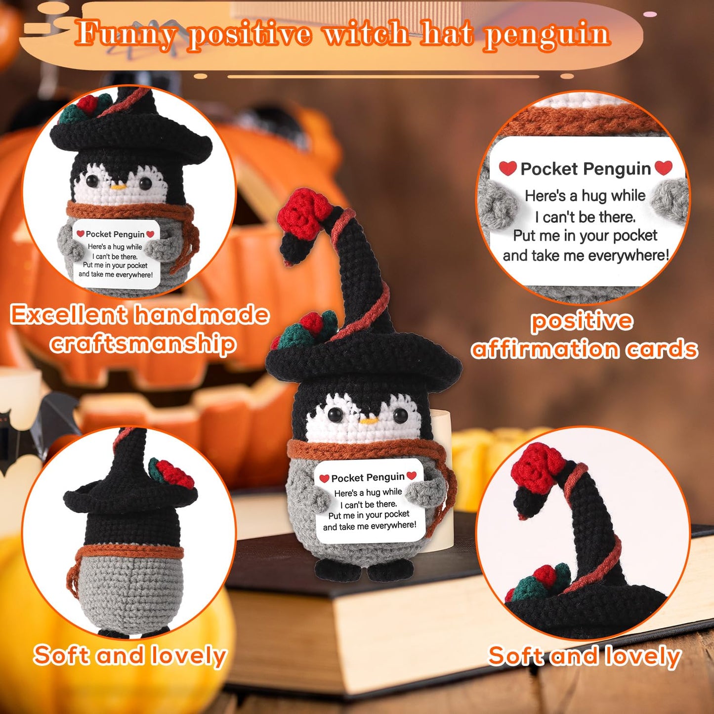 TOYMIS Taschen Pinguin, 14cm Lustiger Positiver Pinguin mit Zaubererhut Niedlich Häkelpuppe Gestrickter Pinguin Spielzeug mit Karte Dekoration